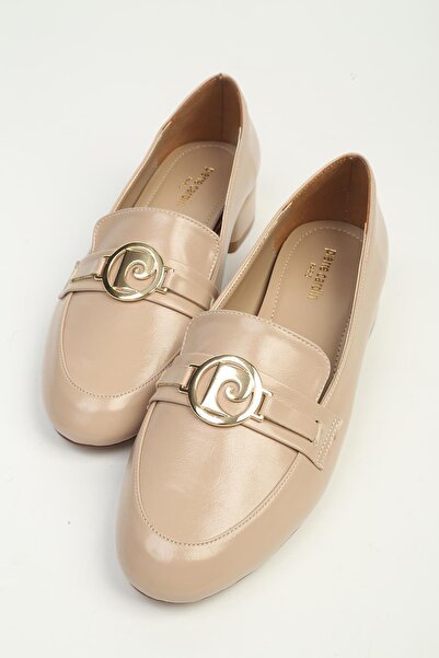 Pierre Cardin Women's Beige Gold Buckle Short Heeled Loafer Shoes Pc-56175