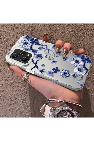 PATTERNOVA Redmi Note 12 Pro 5G Uyumlu Mavi Beyaz Erik Çiçeği Dal Baskılı Tel...