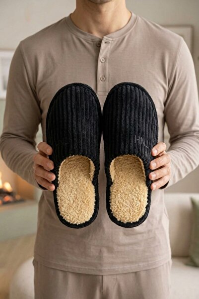 Beyond Men's Black Thick Corduroy Winter House Slippers 3 cm Byndtnh01
