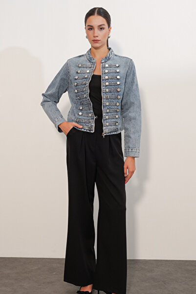 Modamorfo Women's Slim Fit Buttoned Denim Jacket 0764 - Blue