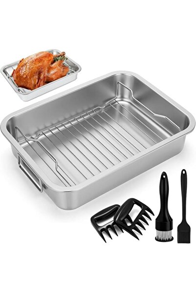 GENERAL Roasting Pan with Rack and Handle (6 Pcs), Stainless Steel Roaster Pa...