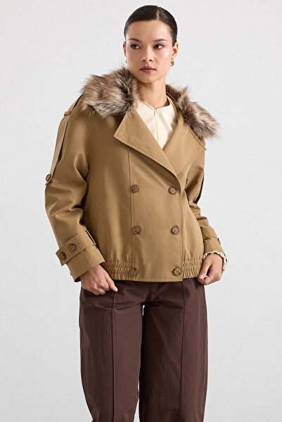 Olcay Removable Fur, Elastic Waist, Water-Repellent Short Trench Coat Kamel 6909