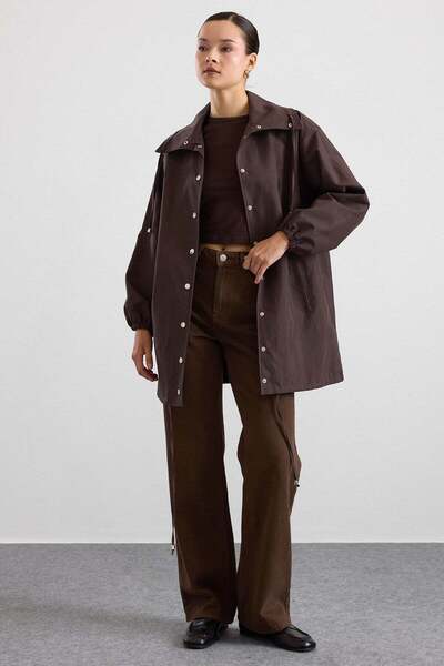 Olcay High Collar Snap Closure Casual Trench Coat Brown 6917