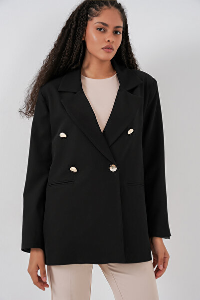 Modamorfo Women's Double-Breasted Collar Blazer Jacket 0722 - Black