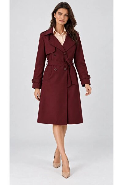 hazelin Women's Burgundy Double-Breasted Collared Belted Lined Trench Coat Hz...