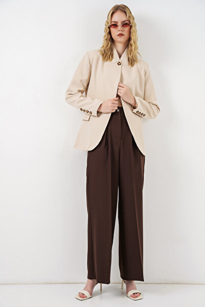 Modamorfo Women's Single Button Oversize Blazer Jacket 0749 - Beige