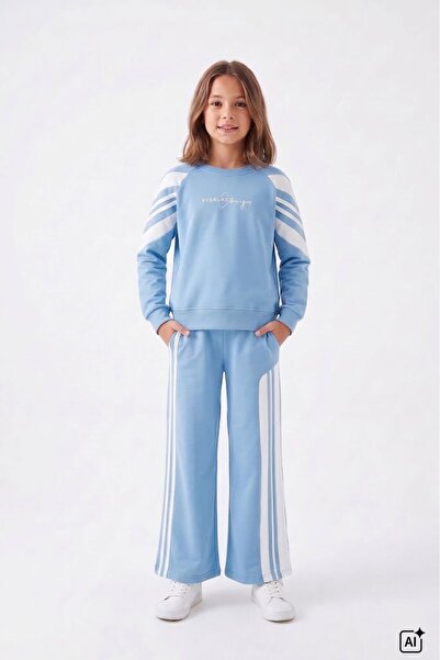 CansınMini Blue Girls' Text Printed Wide Leg Tracksuit Set with Ribbon Detail...