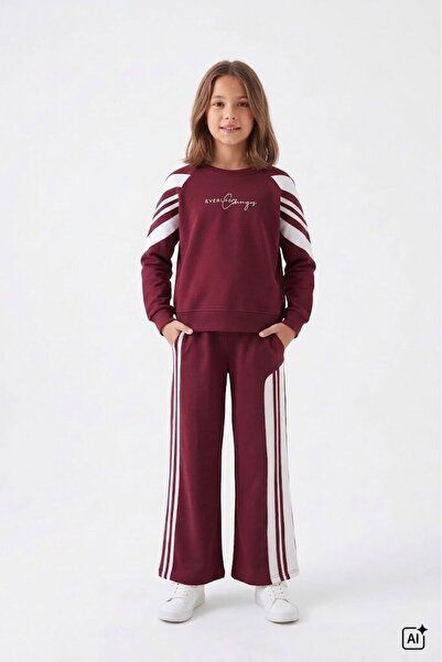 CansınMini Burgundy Girls' Letter Printed Wide Leg Tracksuit Set with Stripe ...