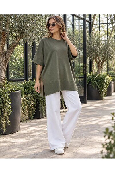 hazelin Women's Khaki Oversize Side Slit Long Soft Textured Knitwear Sweater ...