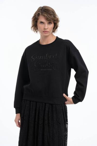 tw3 Kadın Modal Kumaş Önü Boncuk Nakış Detaylı Tasarım Sweatshirt