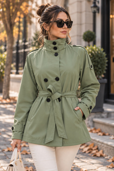Sevitli High-Collar Belted Trench Coat - Green