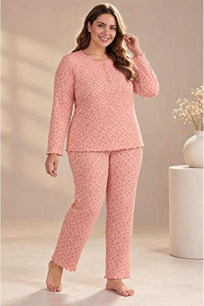 cotonhause Kadın Büyük Beden Uzun Kol Raporlu İnterlok Somon Pijama Takımı C8...