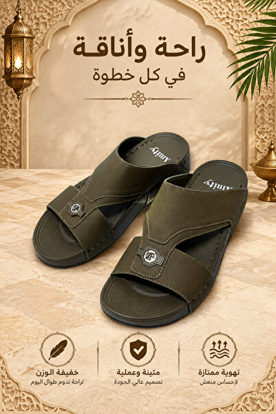 Generic Brand صنادل رجالية جلدية مفتوحة الأصابع بحزام على شكل حرف T وشعار معد...