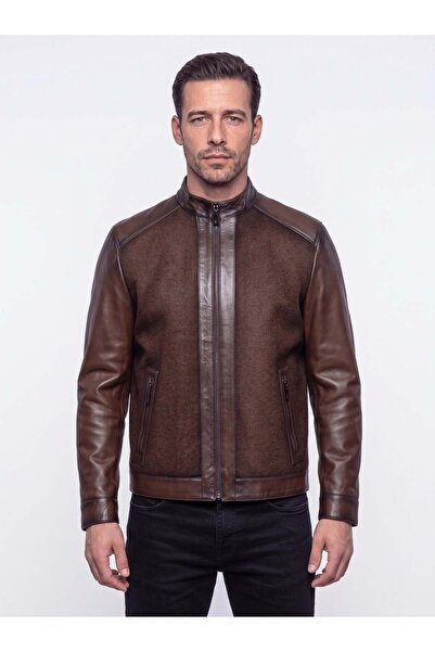 White Stone Brown Genuine Leather Men's Leather Jacket Coat with Stand Collar...