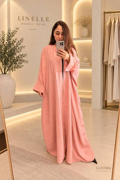 LINELLE Pink Kaftan Kimono Sleeved Crepe Abaya Maxi Dress