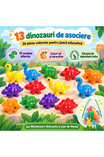 RCO Joc educativ Montessori de asociere cu dinozauri multicolori, sistem simplu de imbinare, 13 piese, +3 ani