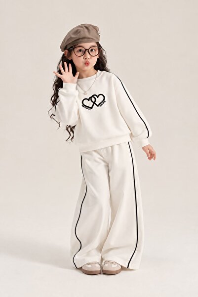 Minigimin Cicileri Two Hearts Stripe Detailed Girls' Tracksuit Set - White