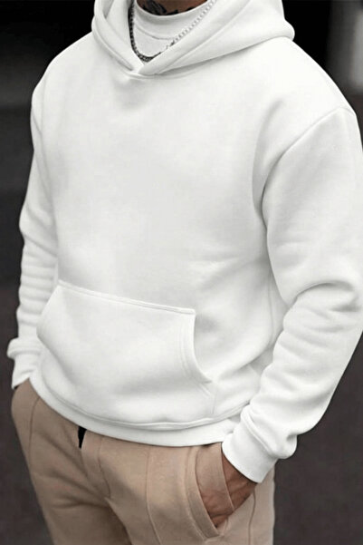 K KOZZ STYLE Üç İplik Kalın %100 Organik Pamuklu Beyaz Oversize Sweatshirt Ka...