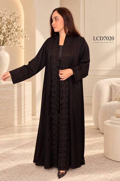 LINELLE Black Lace Trimmed Nida & Polyester Abaya Maxi Dress