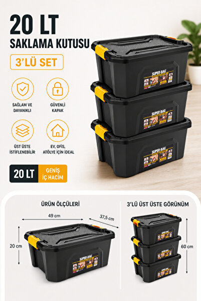 Via Mood Super Bag 20 Litre Saklama Kutusu 3'lü Set , Kilitli Kapaklı İstifle...