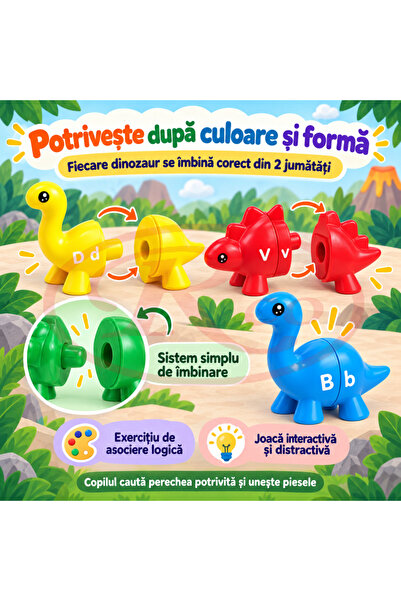 RCO Joc educativ Montessori de asociere cu dinozauri multicolori, sistem simplu de imbinare, 13 piese, +3 ani