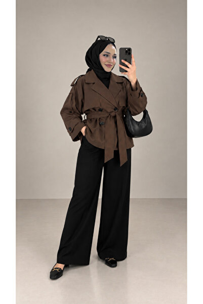 BNGL Boutique V-Neck Belted Trench Coat Brown