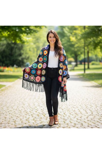 Crochet Bilgen El Örgüsü Kadın Şal Renkli Çiçek Motifli Siyah Püsküllü Büyük ...