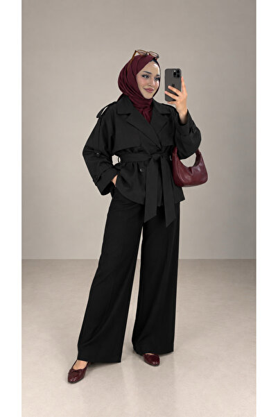 BNGL Boutique V-Neck Belted Trench Coat Black