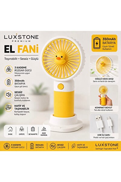 LUXSTONE Şarjlı Mini El Fanı 3 Kademeli Taşınabilir USB Sessiz El ve Masaüstü...