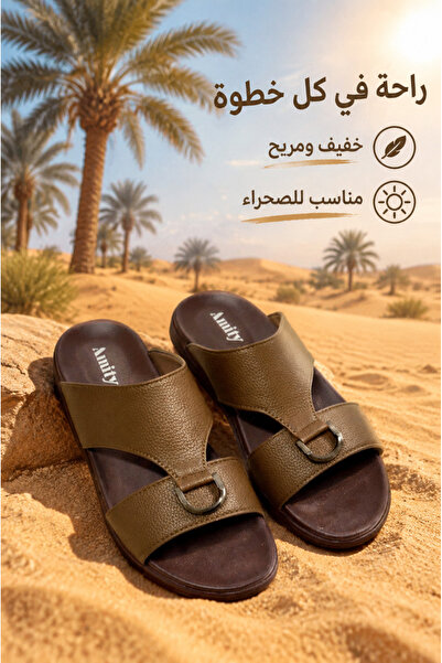 Generic Brand شباشب رجالية جلدية مفتوحة من الأمام، بجزء علوي من الجلد المحبب،...