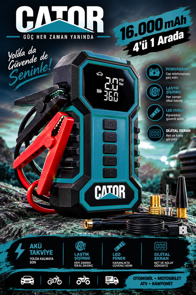 CATOR 16.000 mAh Taşıma Çantalı Hava Kompresörü & Powerbank & Led Işık & Akü ...