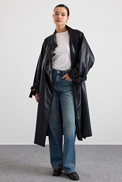 Olcay Leather Look Trench Coat with Stand Collar and Metal Accessories Black ...