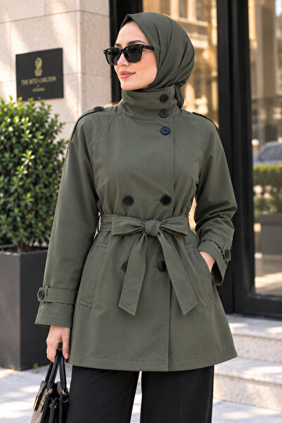 Sevitli High-Collar Belted Trench Coat-Khaki