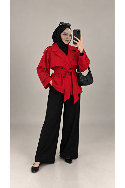 BNGL Boutique V-Neck Belted Trench Coat Red