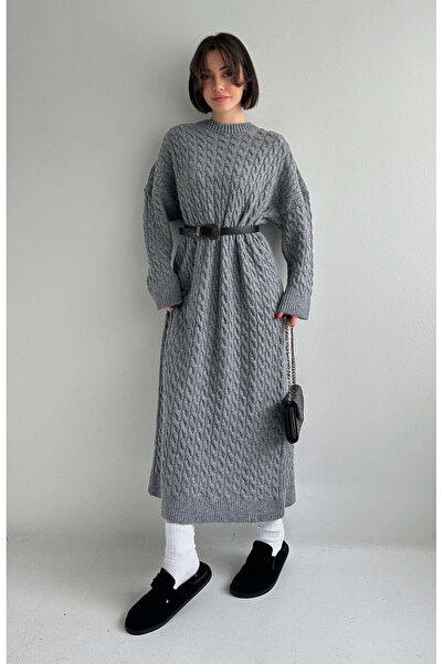 My Blog Gray Long Hair Braided Knitwear Dress - 2Y231041