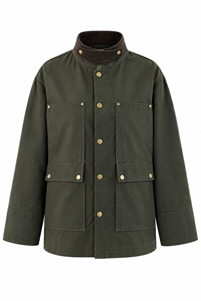 Laluvia Khaki Velvet Collar Pocket Jacket - 2Y5132