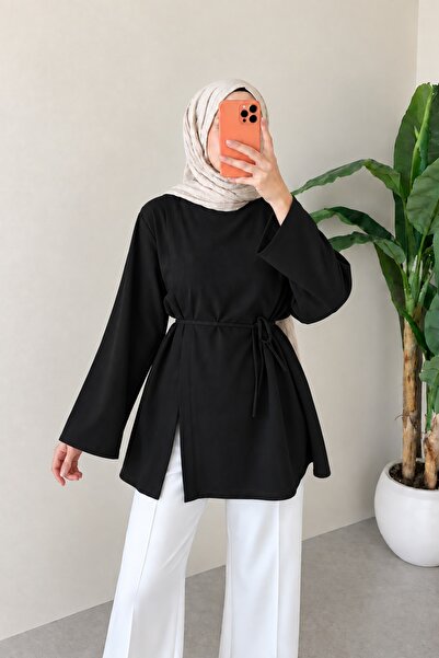 onlymoon Likralı Viskon Kumaş Yırtmaç Detaylı Bağlamalı Tunik | Kadın Tesettü...