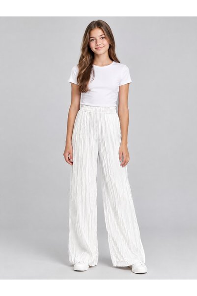 moda rüyası Girl's Ecru Wide-Leg Elastic Wrinkled Textured Trousers – Summer ...