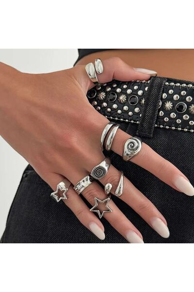 Choice Silver Color KunJoe 8 Pcs/set Punk Hollow Stars Metal Geometry Ring Tr...