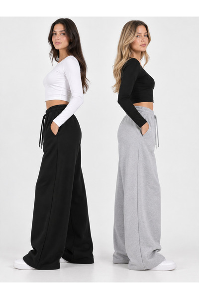 CAONNES Winter Women's 2-Piece Sweatpants (Black-Grey) Oversize Comfortable F...