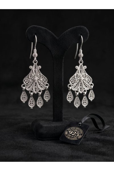 Roza Silver 925 Ayar Gümüş Geleneksel Telkari İşlemeli Minimal Avize Sallantılı Küpe
