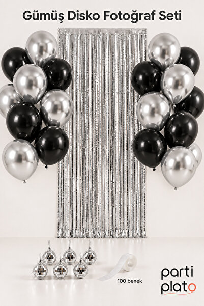Parti Plato Siyah Gümüş Disko Doğum Günü Süsleme Seti 20 Balon, 6 Aynalı Top ...