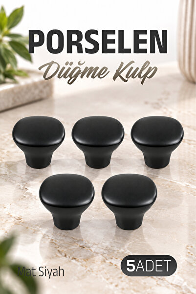 Badem10 (5 Adet) Tomurcuk P-3019 Mat Siyah Porselen Düğme Kulp Mobilya Çekmec...