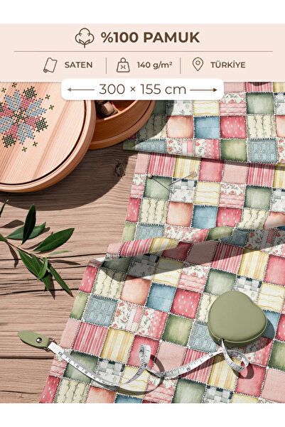 FabricMarket 100% Cotton Satin Patchwork Fabric – 300X155 cm – Pastel Patchwo...