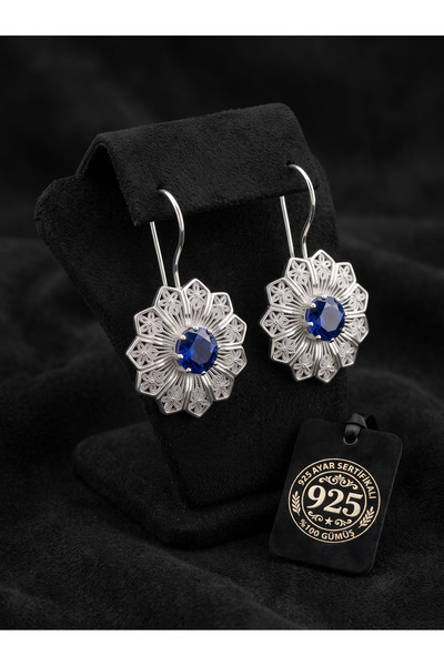 Roza Silver 925 Ayar Gümüş Geleneksel Telkari İşlemeli Safir Taşlı Papatya Küpe