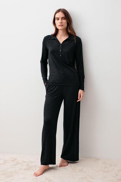 Artış Long Sleeve Buttoned Soft Textured Flexible Viscose Pajama Set
