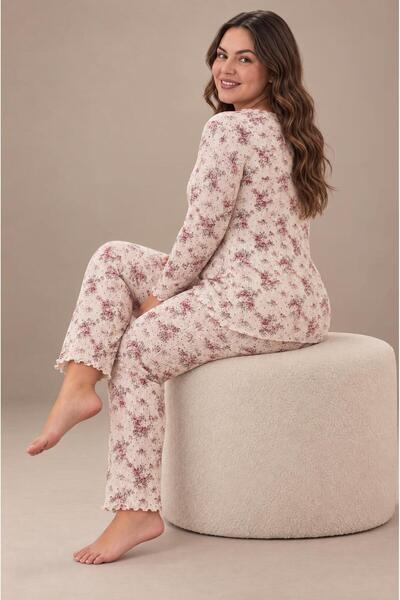 cotonhause Women's Large Size Long Sleeve Report Interlock White Pajama Set C4T4N28