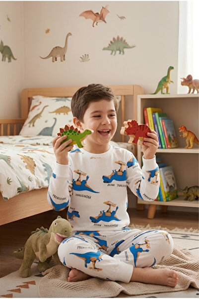 bunny hopp Boy's Dinosaur Patterned Pajama Set 100% Cotton White Long Sleeve Home Wear