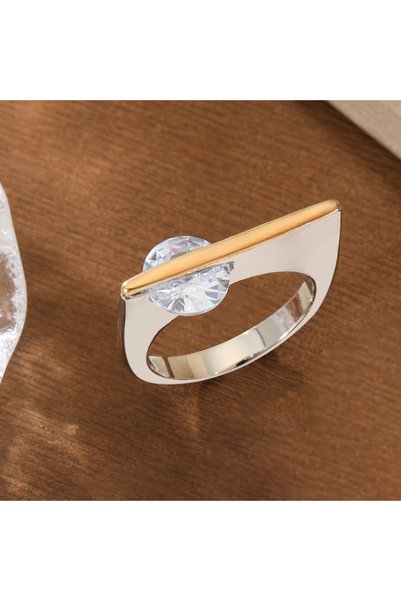Choice 8 Silver Minimalist Modern Two-Tone Copper Square Ring with Half-Set R...