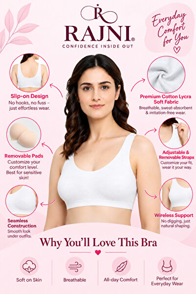 RAJNI Women Ladies Bra Slip-On Activewear Soft Cotton Lycra Stretch Seamless Padded Molded Cups Wirefree Full Coverage Sports Yoga Pilates